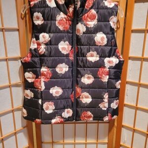 LOFT Black and Red Floral Puffer Vest